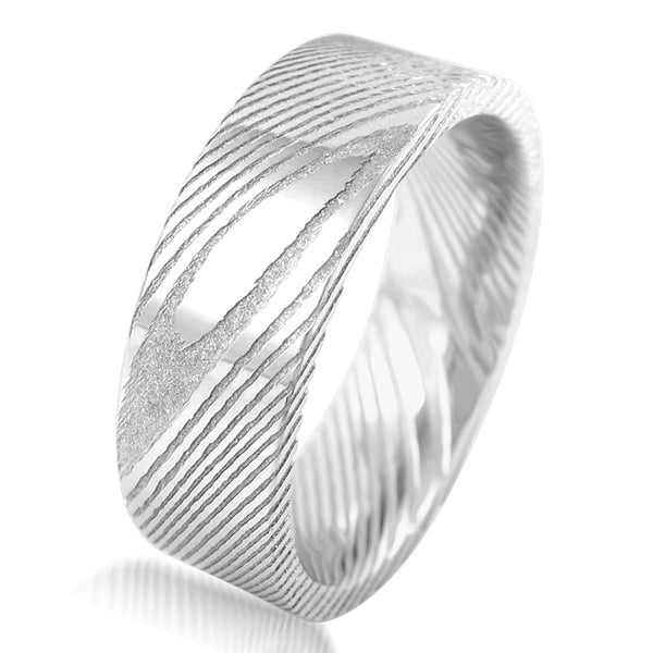 Awesome 8mm Flat Band Wood Grain Damascus Steel Wedding Band.