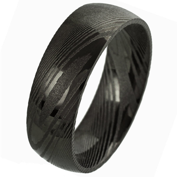 Amazing Dual Texture Black 8mm Dome Style Wood Grain Damascus Steel Band Ring.