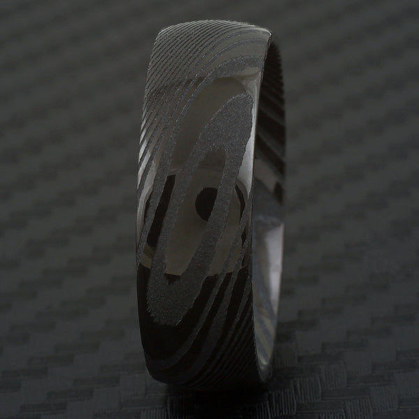 Amazing Dual Texture Black 8mm Dome Style Wood Grain Damascus Steel Band Ring.