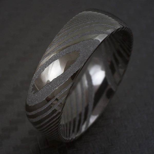 Amazing Dual Texture Black 8mm Dome Style Wood Grain Damascus Steel Band Ring.