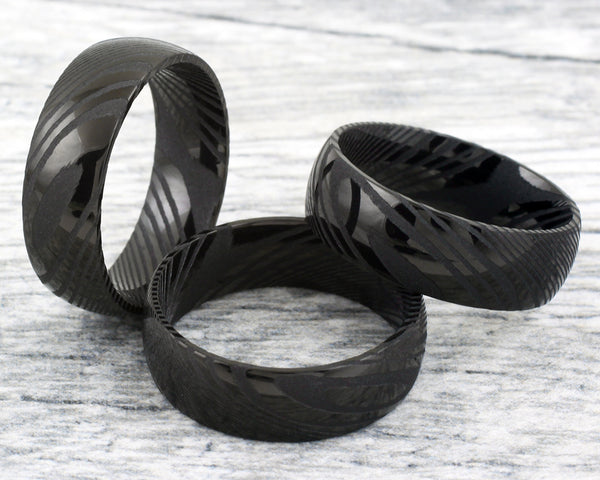 Amazing Dual Texture Black 8mm Dome Style Wood Grain Damascus Steel Band Ring.