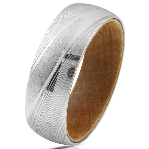 Dazzling 8mm Dome Style Wood Grain High Polish Damascus Steel Band Ring w/ Whiskey Barrel Oak Wood Inner Band.