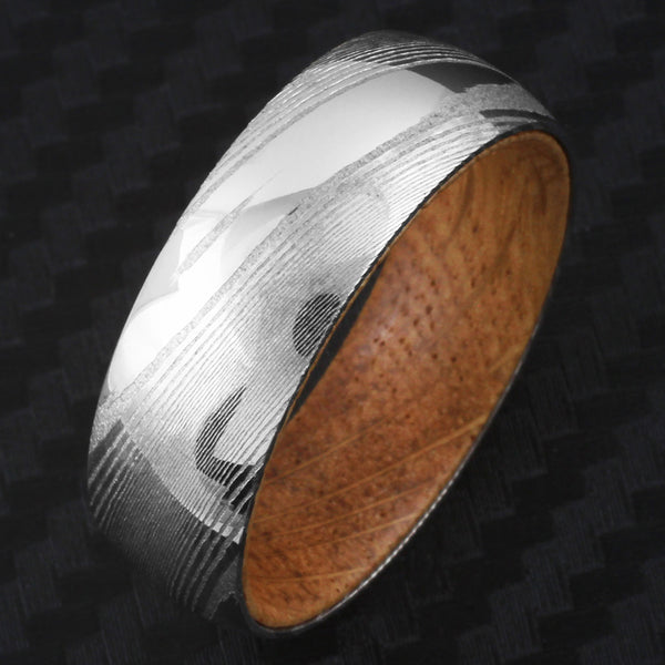 Dazzling 8mm Dome Style Wood Grain High Polish Damascus Steel Band Ring w/ Whiskey Barrel Oak Wood Inner Band.