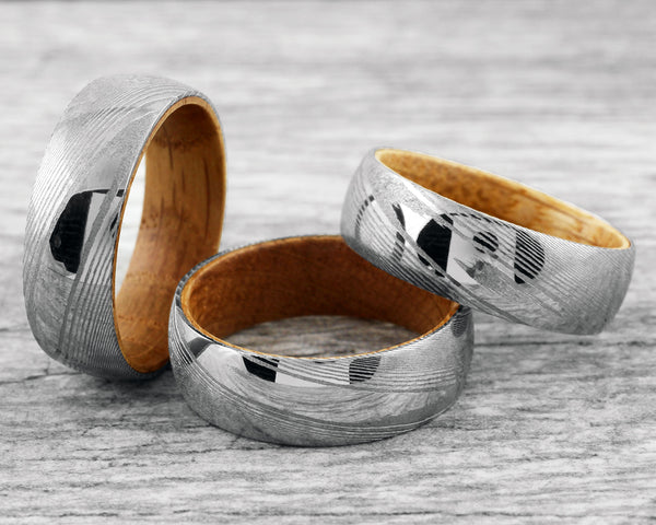Dazzling 8mm Dome Style Wood Grain High Polish Damascus Steel Band Ring w/ Whiskey Barrel Oak Wood Inner Band.