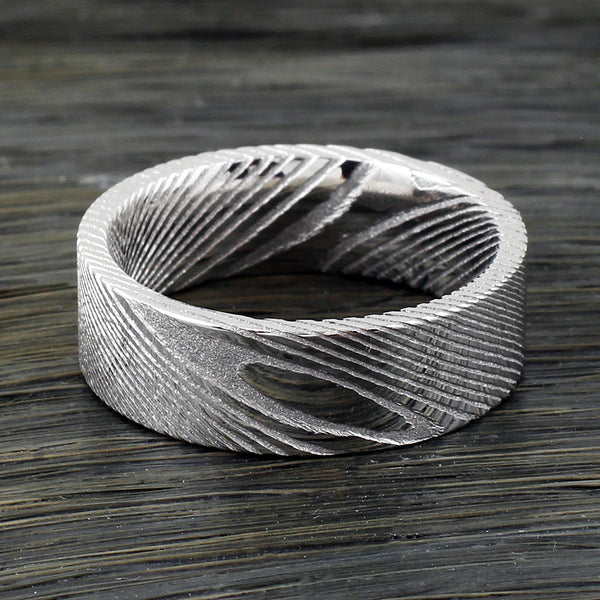 Awesome 8mm Flat Band Wood Grain Damascus Steel Wedding Band.