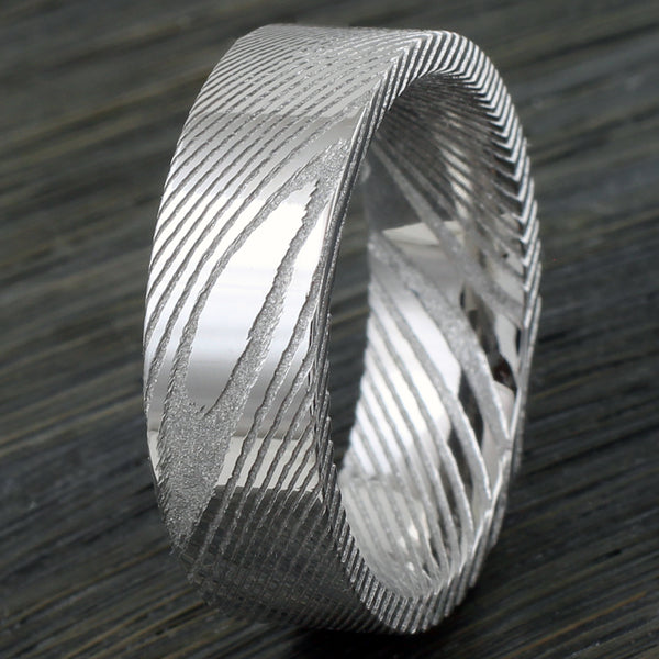 Awesome 8mm Flat Band Wood Grain Damascus Steel Wedding Band.