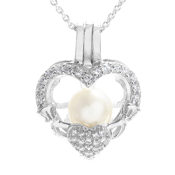 Darling 925 Sterling Silver Claddagh Heart Pearl Cage Pendant with CZ Highlights.