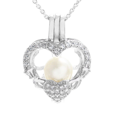 Darling 925 Sterling Silver Claddagh Heart Pearl Cage Pendant with CZ Highlights.