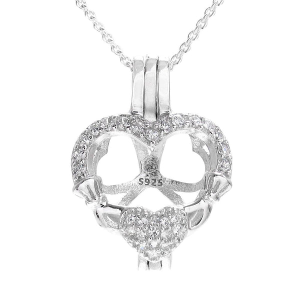 Darling 925 Sterling Silver Claddagh Heart Pearl Cage Pendant with CZ Highlights.