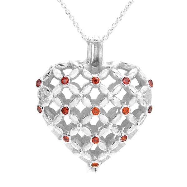 Gorgeous 925 Sterling Silver Large Heart Pearl Cage Pendant with Ruby Red CZ Accents.