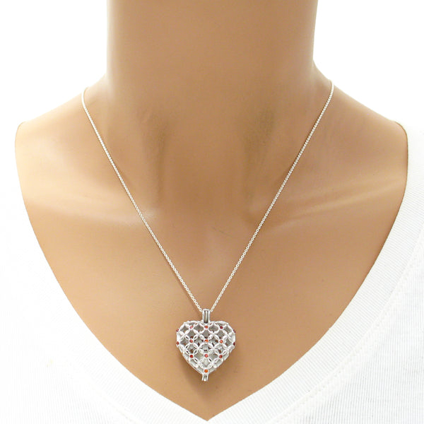 Gorgeous 925 Sterling Silver Large Heart Pearl Cage Pendant with Ruby Red CZ Accents.