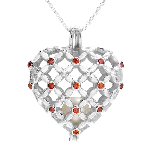 Gorgeous 925 Sterling Silver Large Heart Pearl Cage Pendant with Ruby Red CZ Accents.