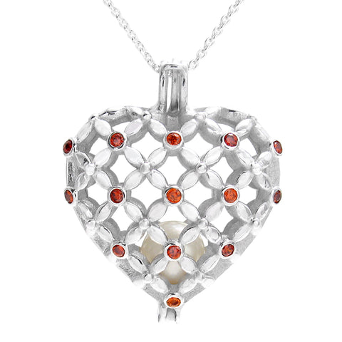 Gorgeous 925 Sterling Silver Large Heart Pearl Cage Pendant with Ruby Red CZ Accents.