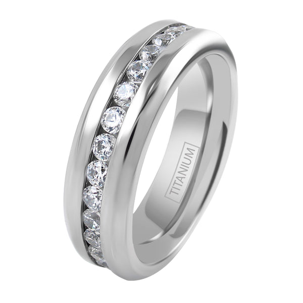 Mirror Polished Titanium 1.0-1.6 Carat CZ Eternity Ring. Available in 5mm and 7mm. Couple Ring.