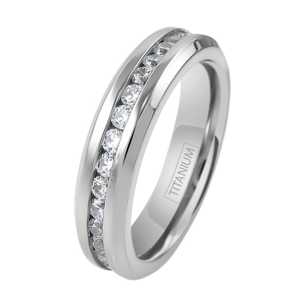 Mirror Polished Titanium 1.0-1.6 Carat CZ Eternity Ring. Available in 5mm and 7mm. Couple Ring.