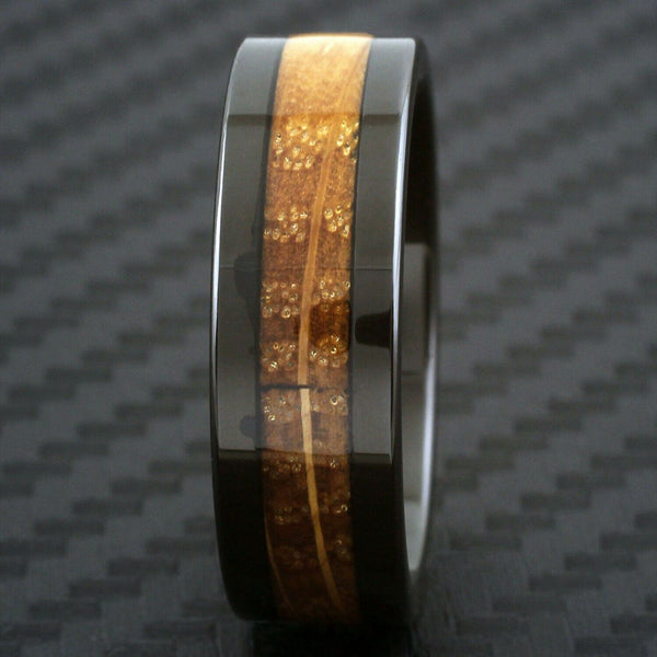 Elegant Polished Black Tungsten Flat Band Ring with Cool Whiskey Barrel Oak Wood Inlay.