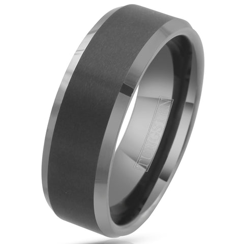 Amazing Brushed Finish Gunmetal Black-Gray Tungsten Flat Band Ring with Polished Beveled Edges.