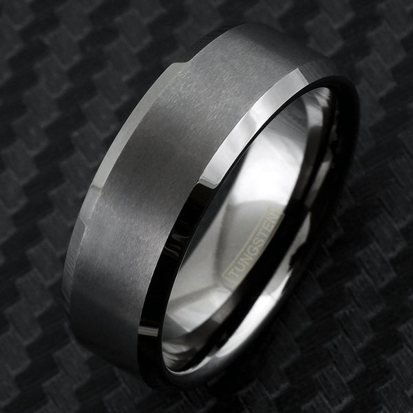 Amazing Brushed Finish Gunmetal Black-Gray Tungsten Flat Band Ring with Polished Beveled Edges.