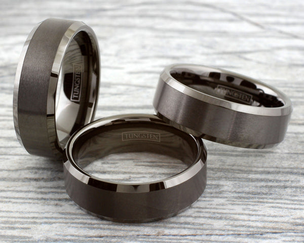 Amazing Brushed Finish Gunmetal Black-Gray Tungsten Flat Band Ring with Polished Beveled Edges.