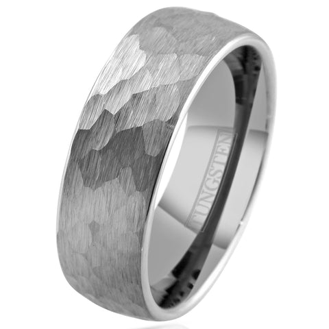Stunning 8mm Brushed Hammered Finish Silver Tungsten Dome Style Band Ring. Couple Ring.