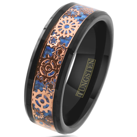 Splendid Black Flat Band Tungsten Ring w/ Beveled Edges and Rose Gold Steampunk Clockwork Gears on Dazzling Royal Blue Faux Carbon Fiber Inlay.