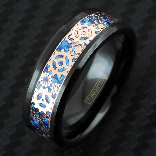 Splendid Black Flat Band Tungsten Ring w/ Beveled Edges and Rose Gold Steampunk Clockwork Gears on Dazzling Royal Blue Faux Carbon Fiber Inlay.
