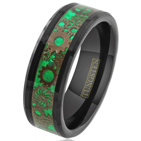 Resplendent Polished Black Flat Band Tungsten Ring w/ Beveled Edges and Black Steampunk Clockwork Gears on Radiant Kelly Green Faux Carbon Fiber Inlay.