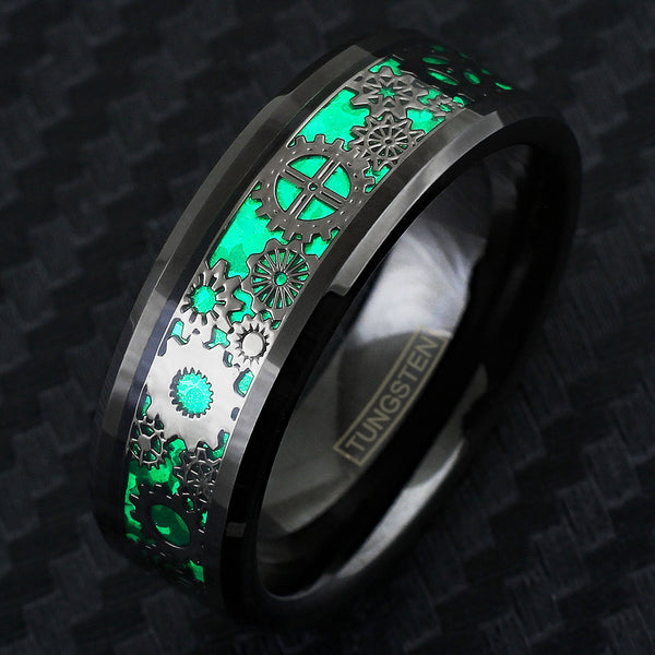 Resplendent Polished Black Flat Band Tungsten Ring w/ Beveled Edges and Black Steampunk Clockwork Gears on Radiant Kelly Green Faux Carbon Fiber Inlay.
