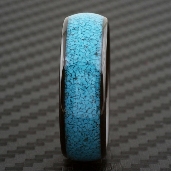 Lustrous Polished Black Tungsten Ring with Charming Crushed Turquoise Inlay.
