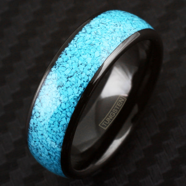 Lustrous Polished Black Tungsten Ring with Charming Crushed Turquoise Inlay.