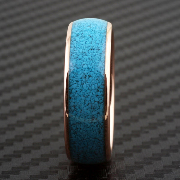 Brilliant Polished Rose Gold Tungsten Ring with Charming Crushed Turquoise Inlay.