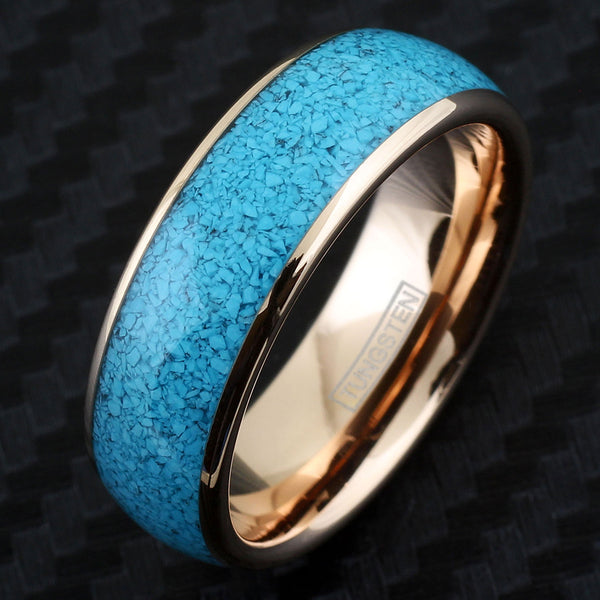Brilliant Polished Rose Gold Tungsten Ring with Charming Crushed Turquoise Inlay.
