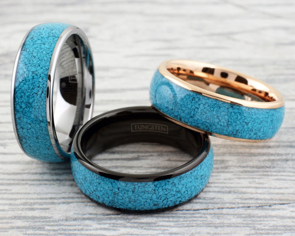 Brilliant Polished Rose Gold Tungsten Ring with Charming Crushed Turquoise Inlay.
