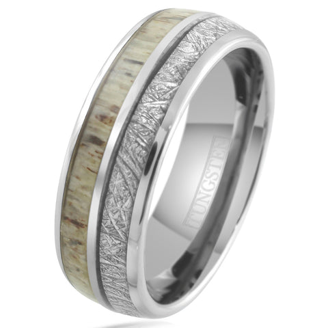 Elegant 6mm/8mm Polished Silver Tungsten Dome Ring w/ Faux Meteorite and Speckled White Deer Antler Inlays.