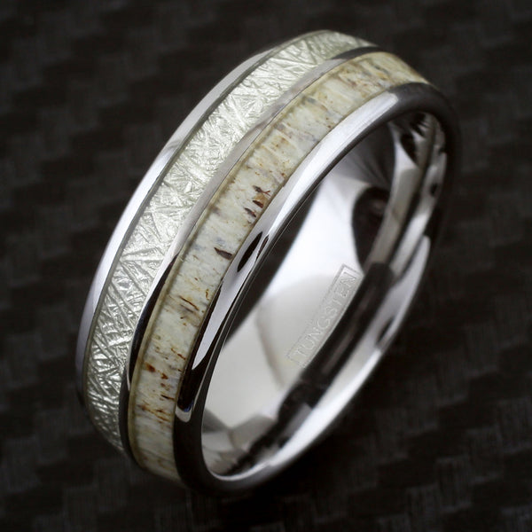Elegant 6mm/8mm Polished Silver Tungsten Dome Ring w/ Faux Meteorite and Speckled White Deer Antler Inlays.