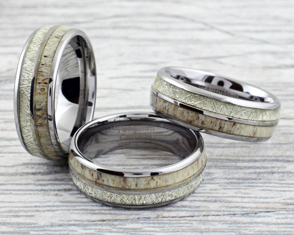 Elegant 6mm/8mm Polished Silver Tungsten Dome Ring w/ Faux Meteorite and Speckled White Deer Antler Inlays.