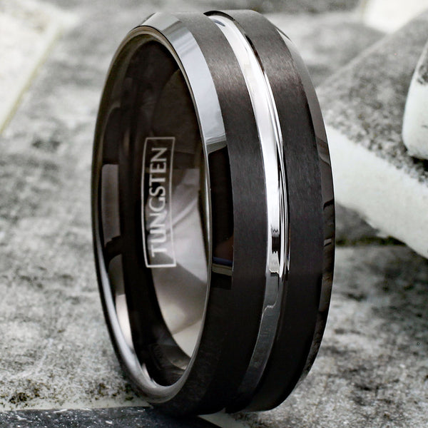 Exquisitely Modern Black Tungsten Ring in Brushed Finish with Silver Stripe Channel on Chamfered Edges