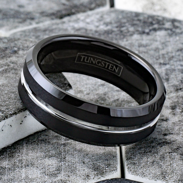 Exquisitely Modern Black Tungsten Ring in Brushed Finish with Silver Stripe Channel on Chamfered Edges