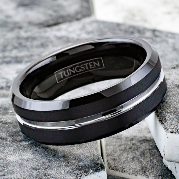 Exquisitely Modern Black Tungsten Ring in Brushed Finish with Silver Stripe Channel on Chamfered Edges