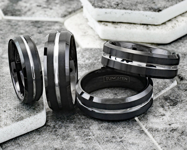 Exquisitely Modern Black Tungsten Ring in Brushed Finish with Silver Stripe Channel on Chamfered Edges