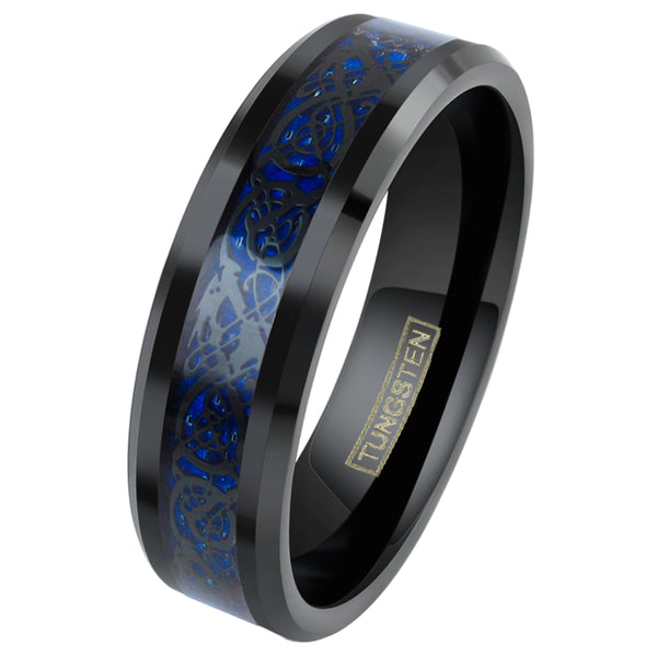 Brilliant Black Tungsten Ring with Black Celtic Dragon on Dark Deep Blue Background Inlay