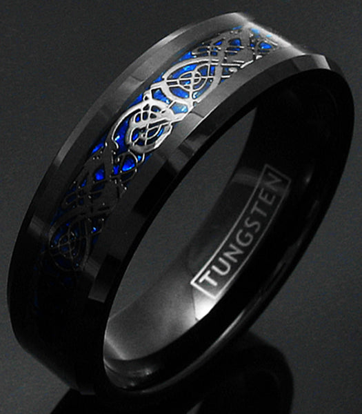 Brilliant Black Tungsten Ring with Black Celtic Dragon on Dark Deep Blue Background Inlay