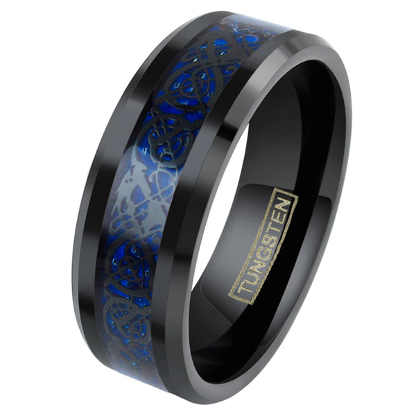 Black Tungsten Celtic Dragon Ring Blue Inlay. Wholesale - 925Express