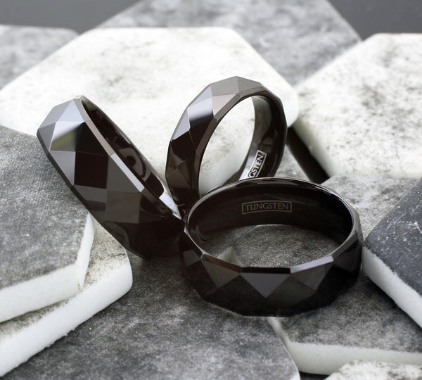 Lavish 8mm Black Tungsten Band Ring in Radiant Pyramid Faceted Black Mirror Finish