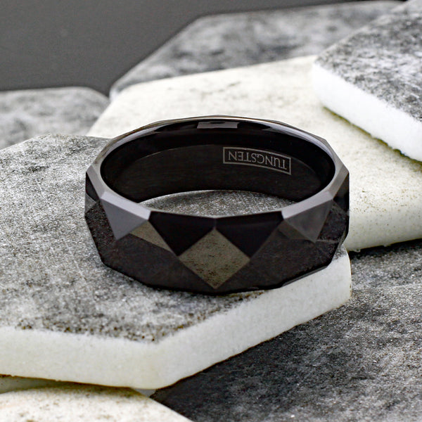 Lavish 8mm Black Tungsten Band Ring in Radiant Pyramid Faceted Black Mirror Finish