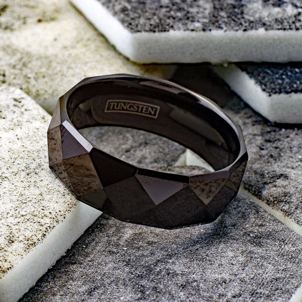 Lavish 8mm Black Tungsten Band Ring in Radiant Pyramid Faceted Black Mirror Finish