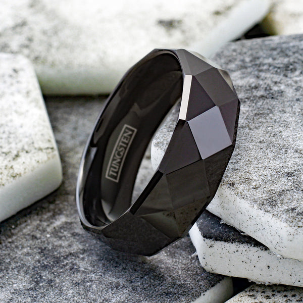 Lavish 8mm Black Tungsten Band Ring in Radiant Pyramid Faceted Black Mirror Finish