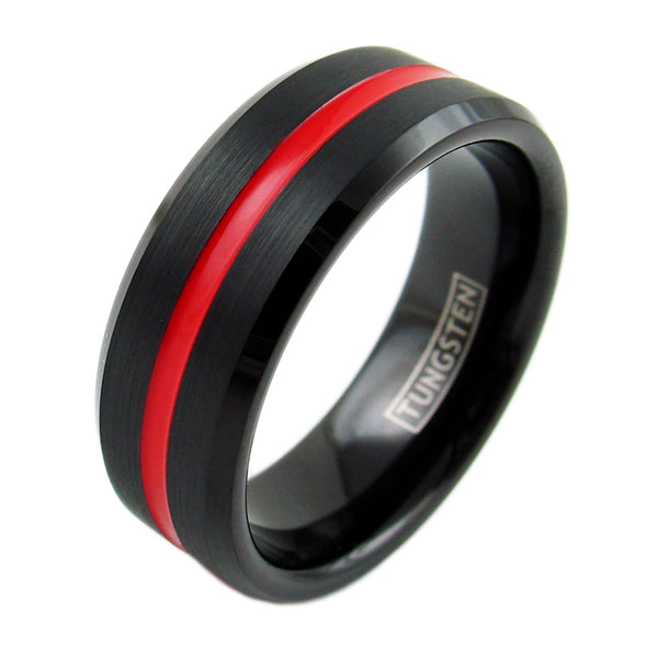 Beautiful Brushed Finish Black Tungsten Ring with Recessed Red Enamel Stripe. For men and women.