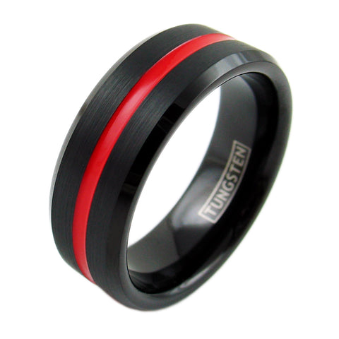 Beautiful Brushed Finish Black Tungsten Ring with Recessed Red Enamel Stripe. For men and women.