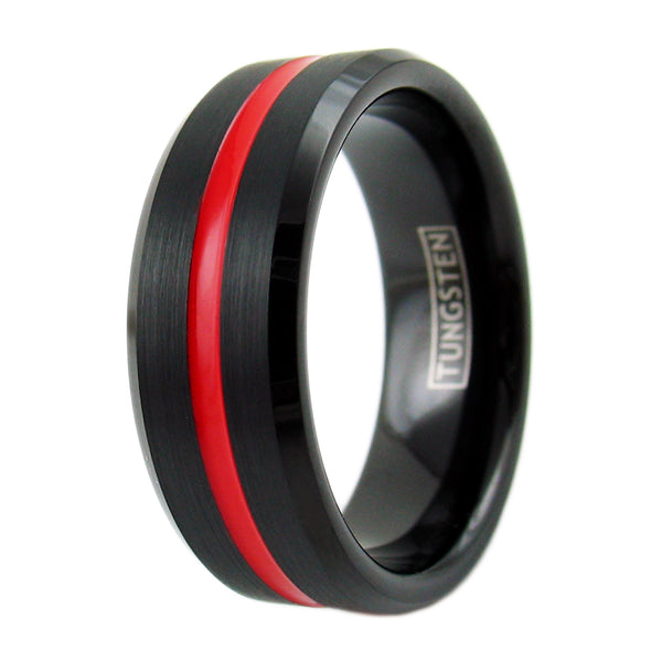 Beautiful Brushed Finish Black Tungsten Ring with Recessed Red Enamel Stripe. For men and women.